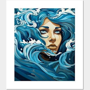 Surrealistic woman face in sea waves illustration Posters and Art